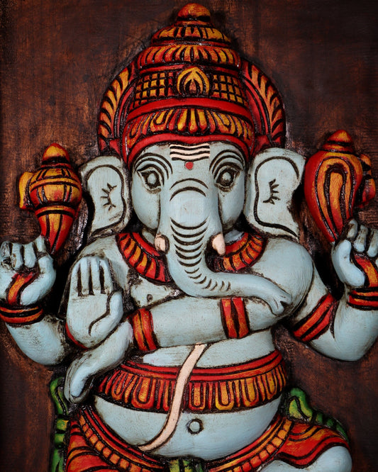Dancing Ganesha on Lotus - Handcrafted & Hand - Painted Wooden Wall Hanging Panel 18" - Budhshiv.com