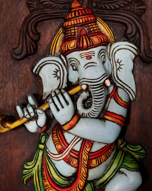 Dancing Ganesha Playing Flute – Handcrafted & Hand - Painted Wooden Wall Hanging Panel 18" - Budhshiv.com