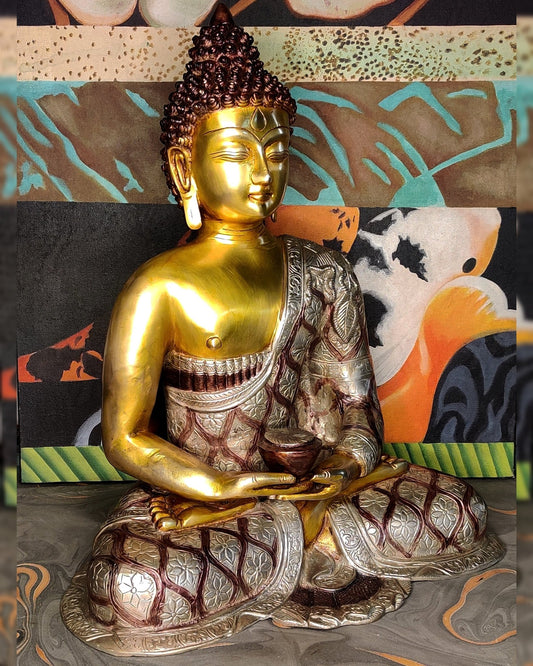 Deep Meditation: Buddha Brass Idol with Medicine Bowl 17 inch - Budhshiv.com