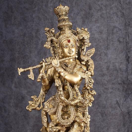 Divine Brass Krishna Playing Flute Statue - 24 Inches - Budhshiv.com