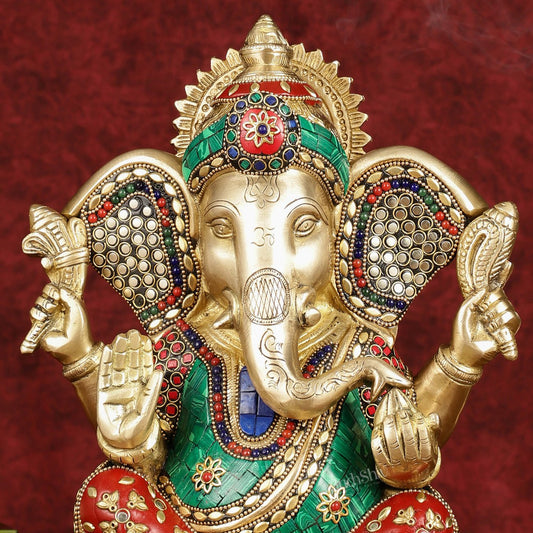 Divine Brass Lord Ganesha Statue with Meenakari Stonework and Big Ears - 10" - Budhshiv.com