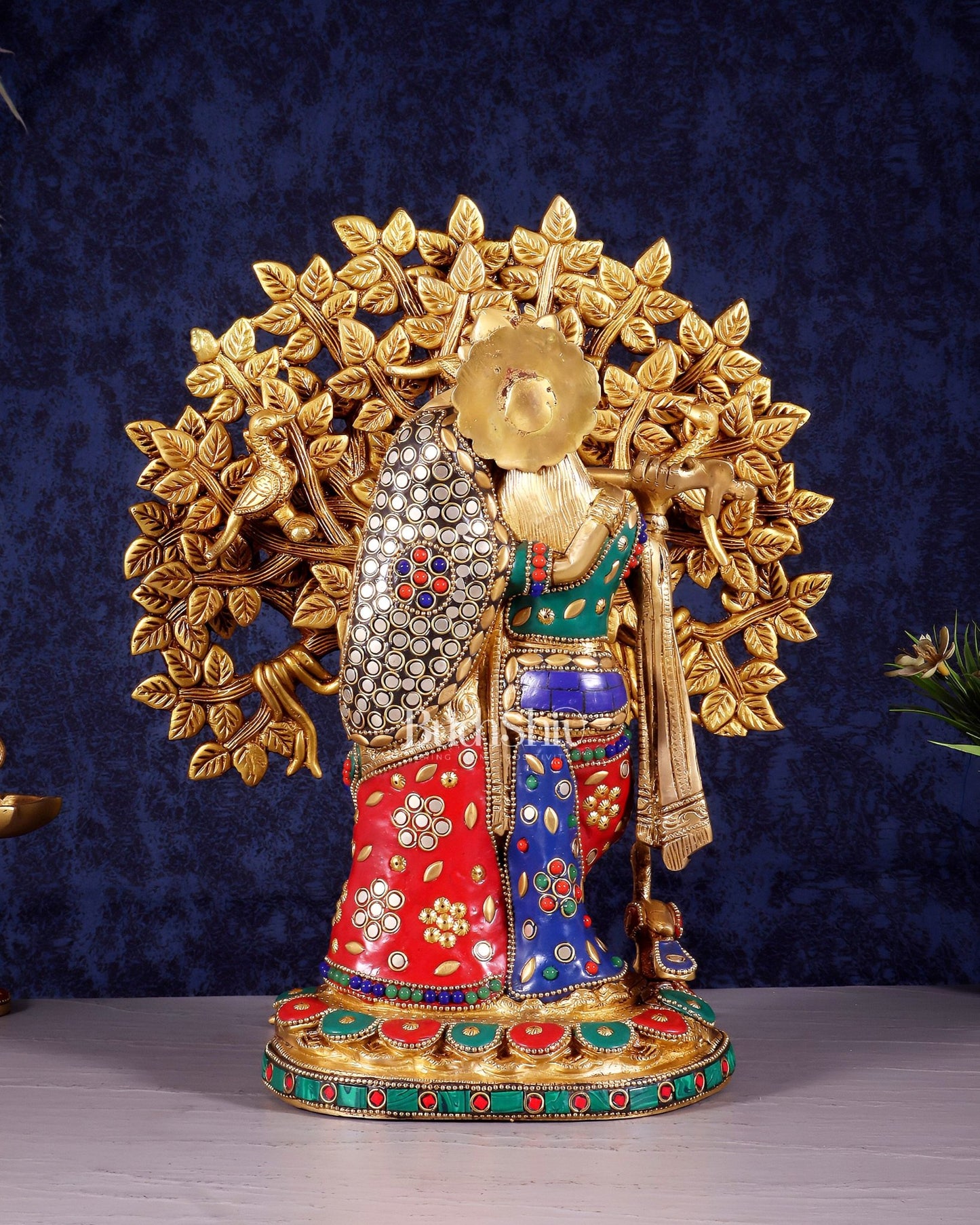 Divine Brass Radha Krishna with Kalpavriksha Tree of Life – Meenakari Stonework Set 12" - Budhshiv.com