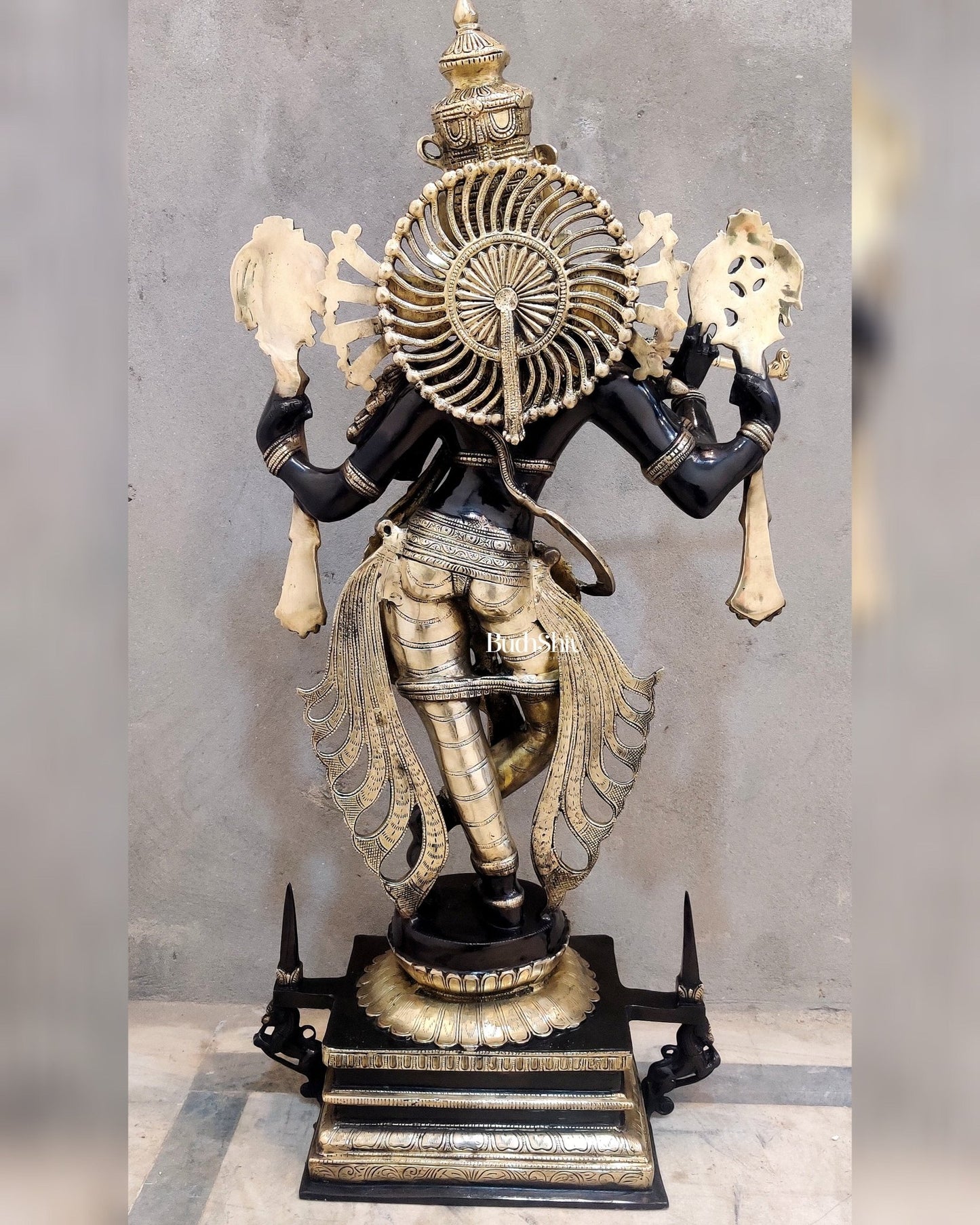 Divine Krishna Statue in Brass - Black and Golden Finish, 41" Tall - Budhshiv.com
