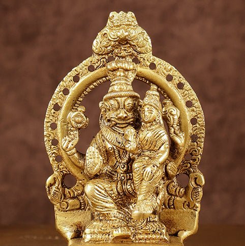 Divine Pure Brass Narasimha Lakshmi with Back Frame Idol | Height: 4.5 inch - Budhshiv.com
