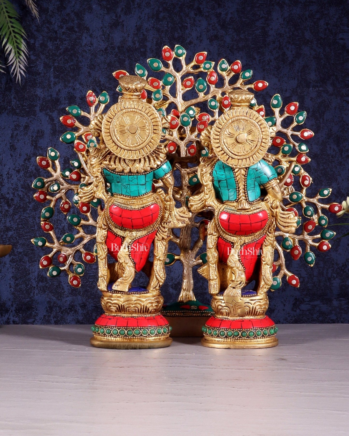 Divine Radha Krishna with Kalpavriksha Tree – Brass Set with Meenakari Stonework 11" - Budhshiv.com