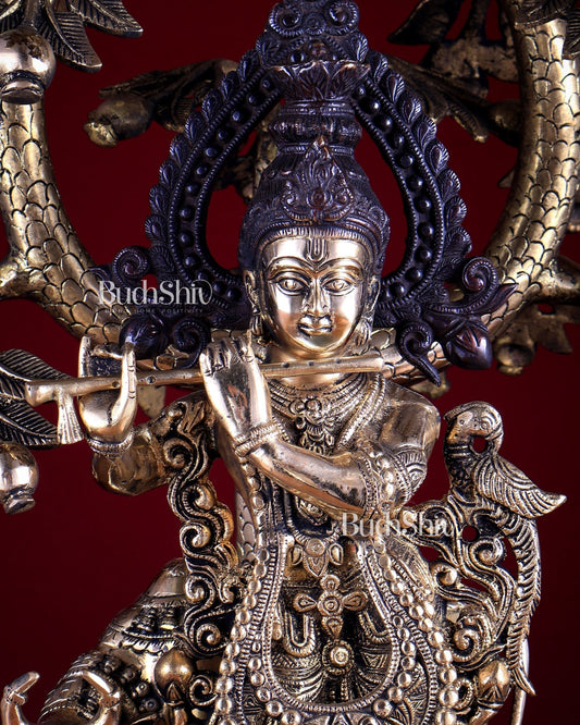 Dual Tone Brass Krishna with Cow Under Large Tree | 22 Inch Statue - Budhshiv.com