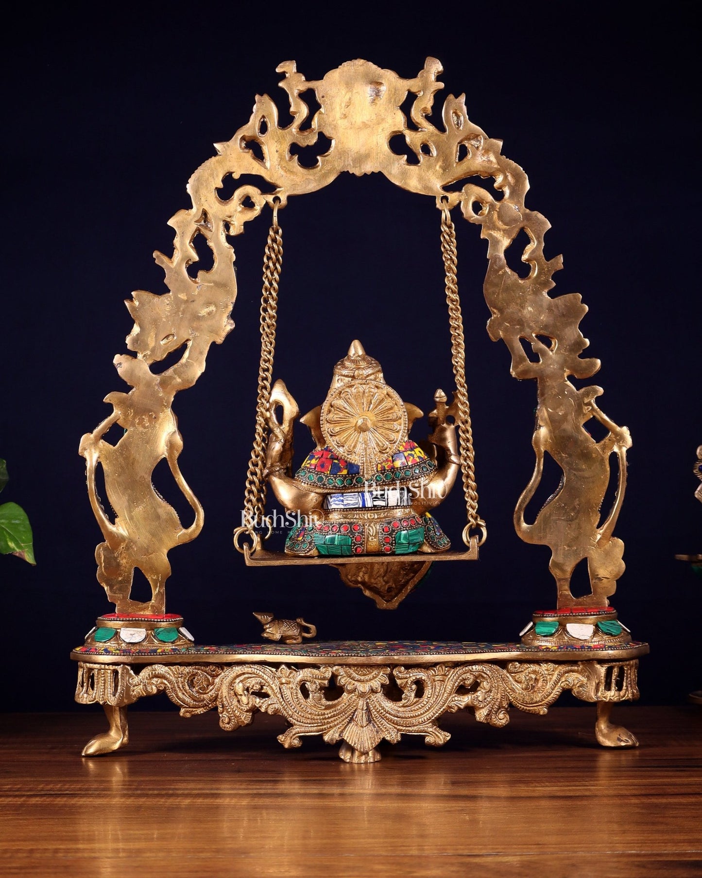 Elegant Brass Lord Ganesha Swing with Multicolor Stonework - 18 Inches - Budhshiv.com