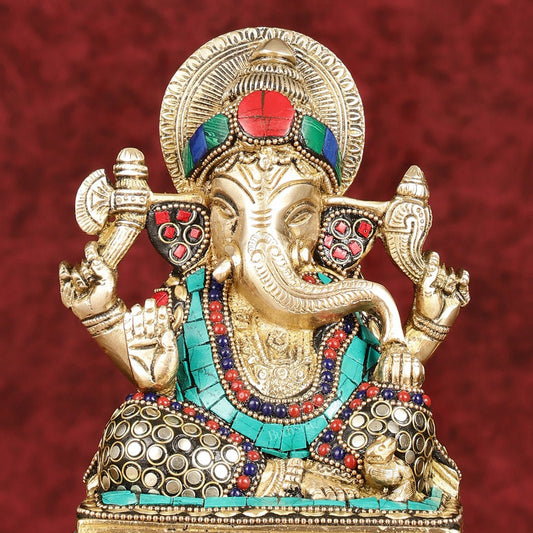 Elegant Pure Brass Ganesha Idol with Stonework 7.5" - Budhshiv.com