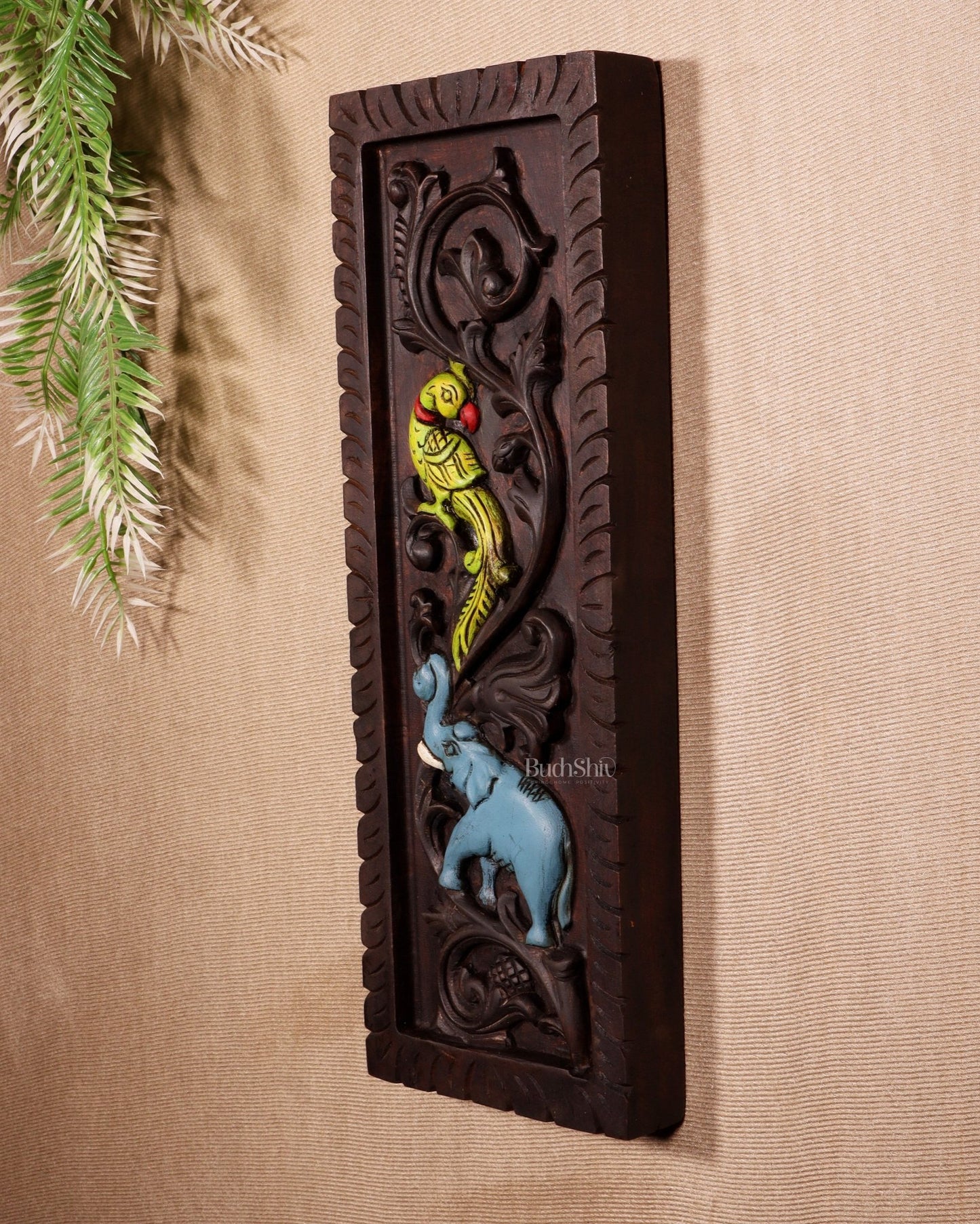 Elephant with Parrot Wooden Wall Hanging Panel – Handcrafted & Hand - Painted 15.5" - Budhshiv.com