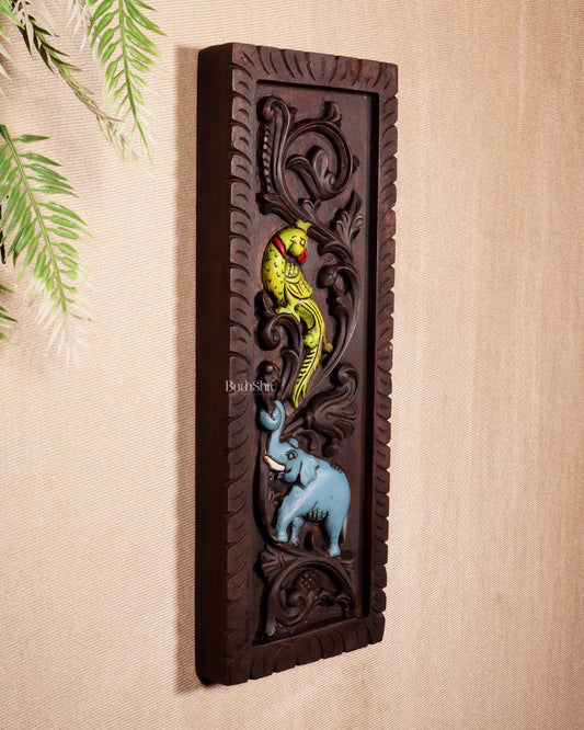 Elephant with Parrot Wooden Wall Hanging Panel – Handcrafted & Hand - Painted 15.5" - Budhshiv.com