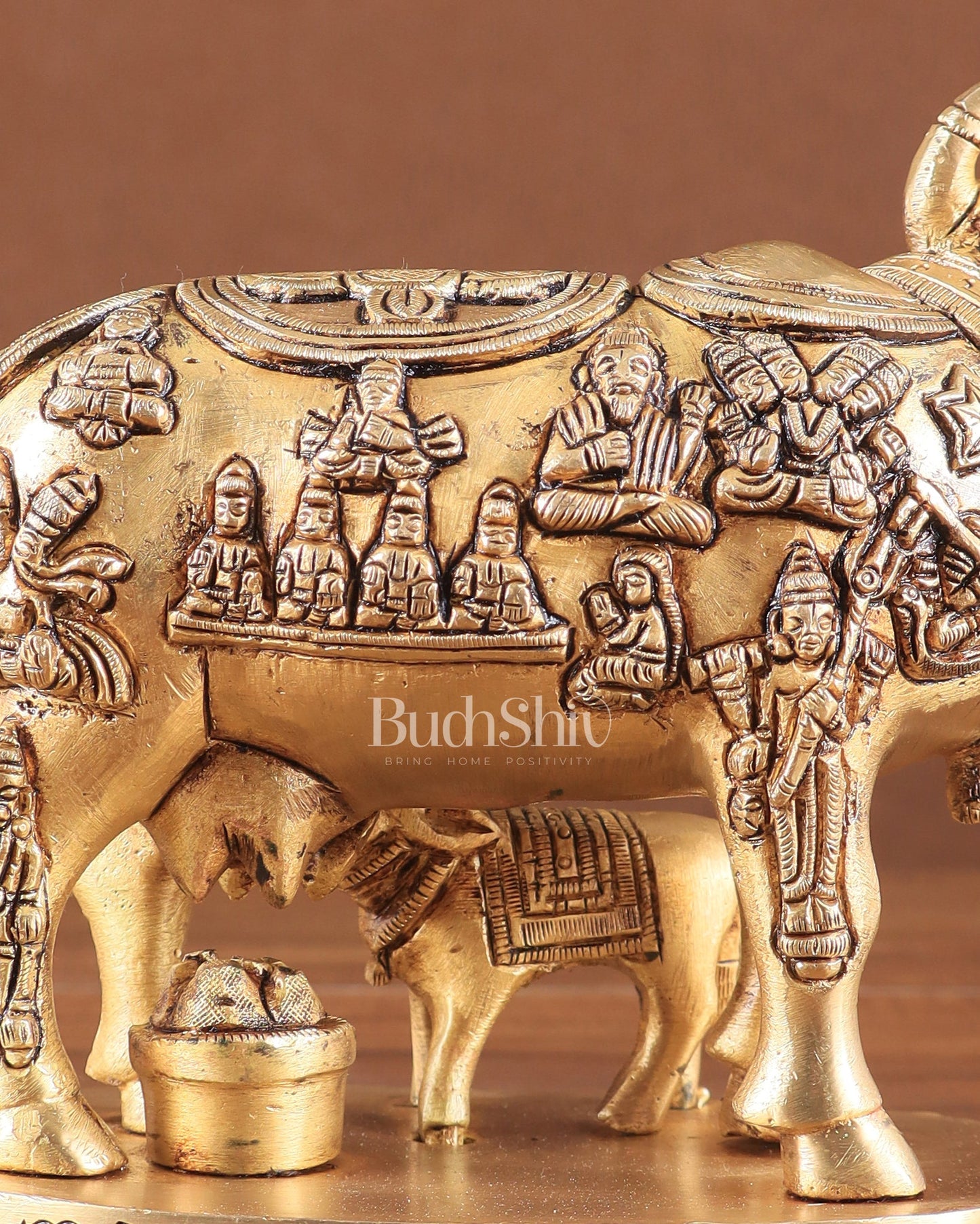 Engraved Brass Kamdhenu Statue with Deities enhanced carvings - Budhshiv.com
