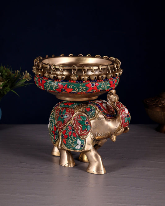Engraved Elephant brass urli floral stonework 7" - Budhshiv.com