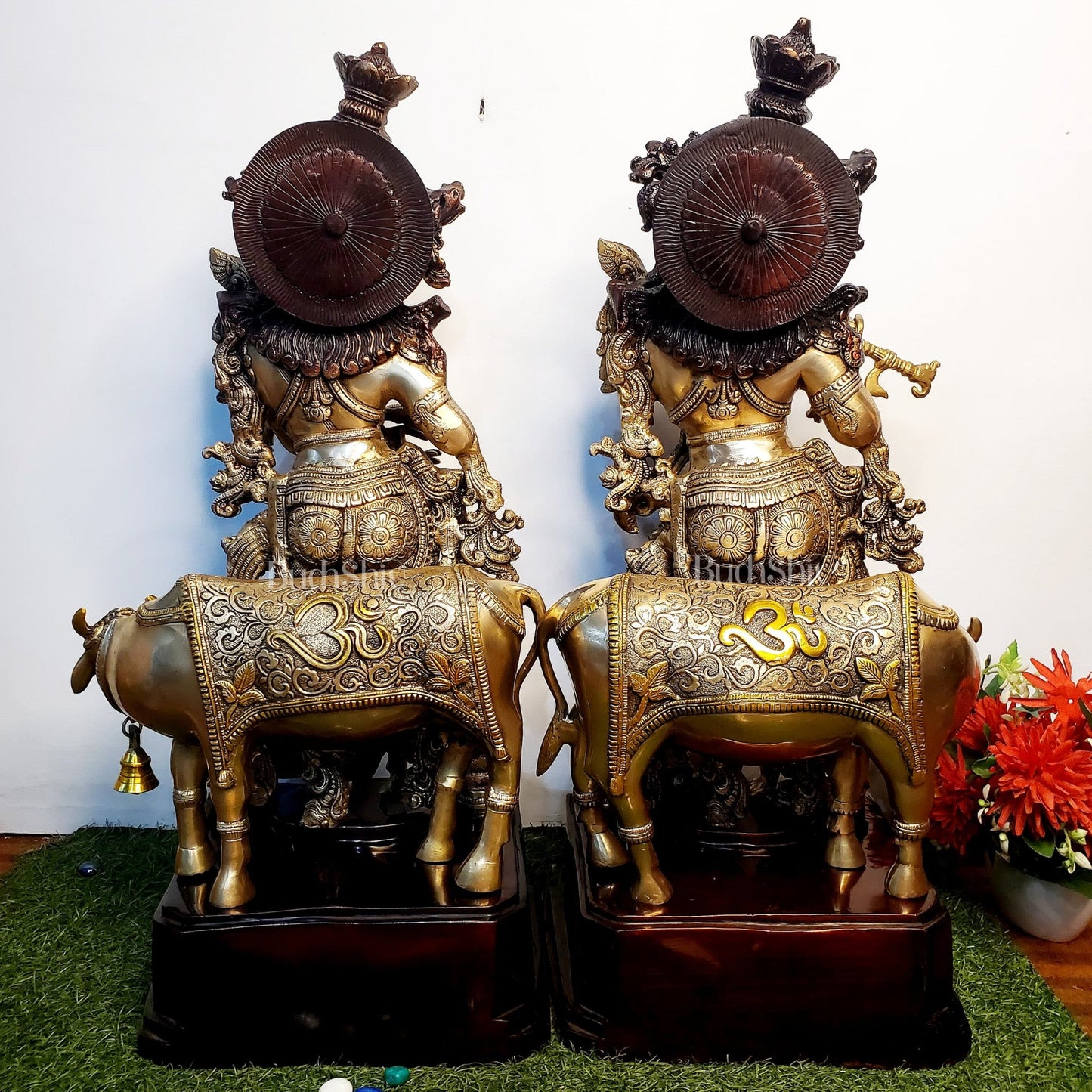 Exquisite 29 Inch Pure Brass Radha Krishna with Cow idols - Budhshiv.com