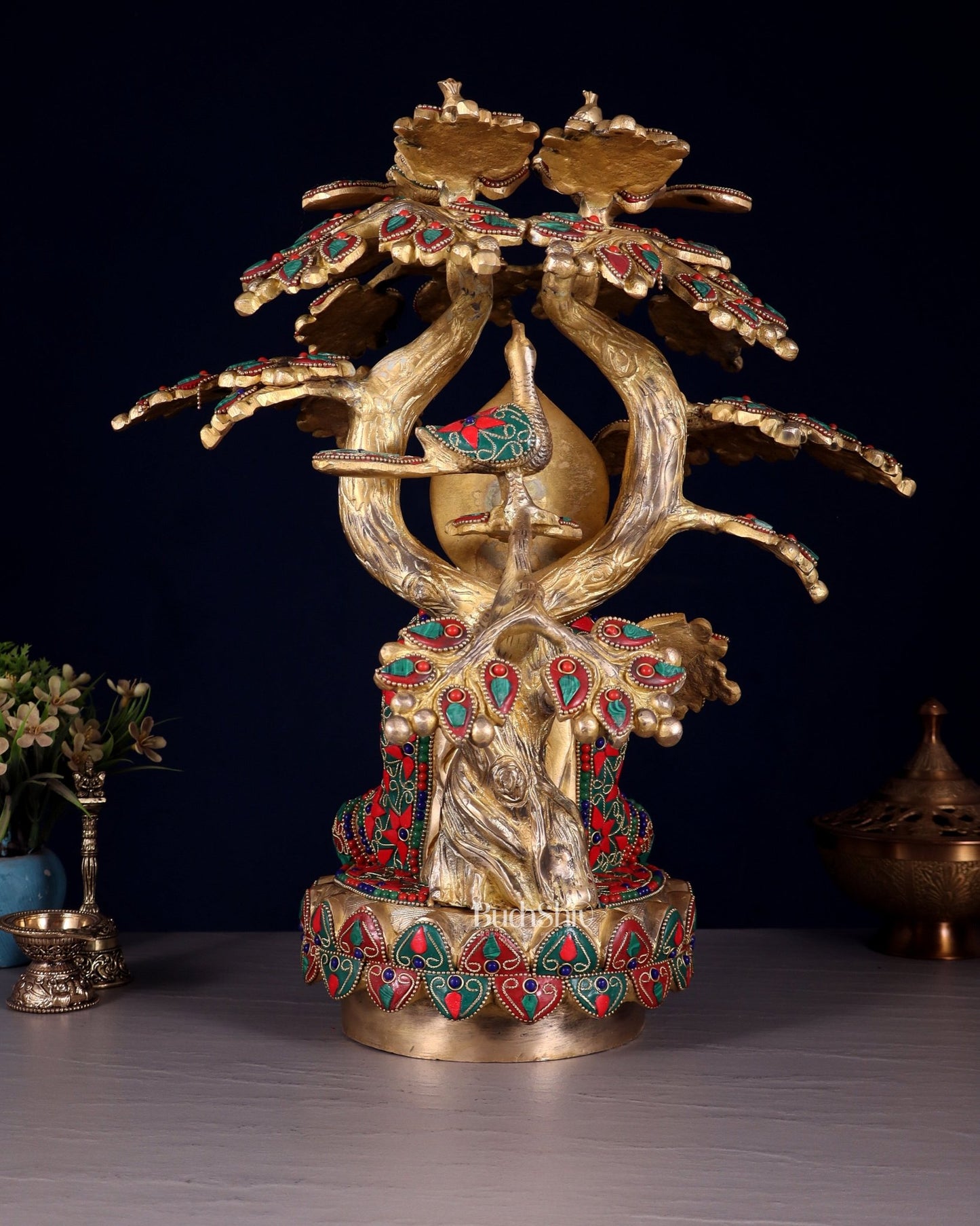 Exquisite Brass Buddha Under Tree Statue - 16.5" Floral stonework - Budhshiv.com