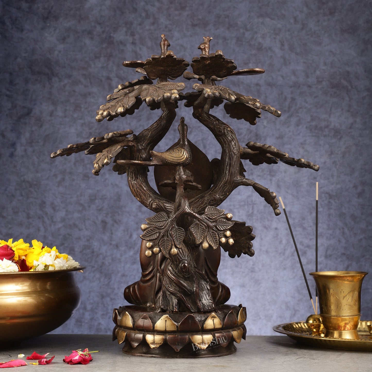 Exquisite Brass Buddha Under Tree Statue - 16.5" - Budhshiv.com