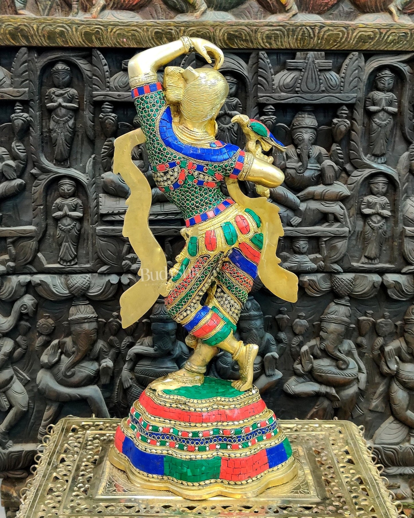 Exquisite Brass Dancing Lady with Parrot Applying Sindoor - 24 Inch Meenakari Artwork - Budhshiv.com