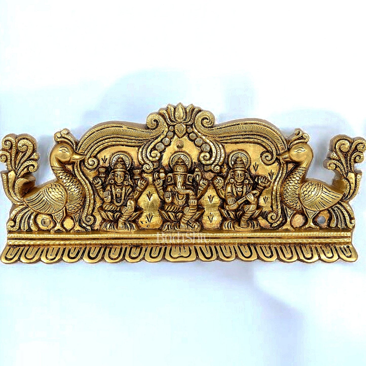 Exquisite Brass Ganesh, Lakshmi, and Saraswati Wall Hanging | 14 inch wide - Budhshiv.com