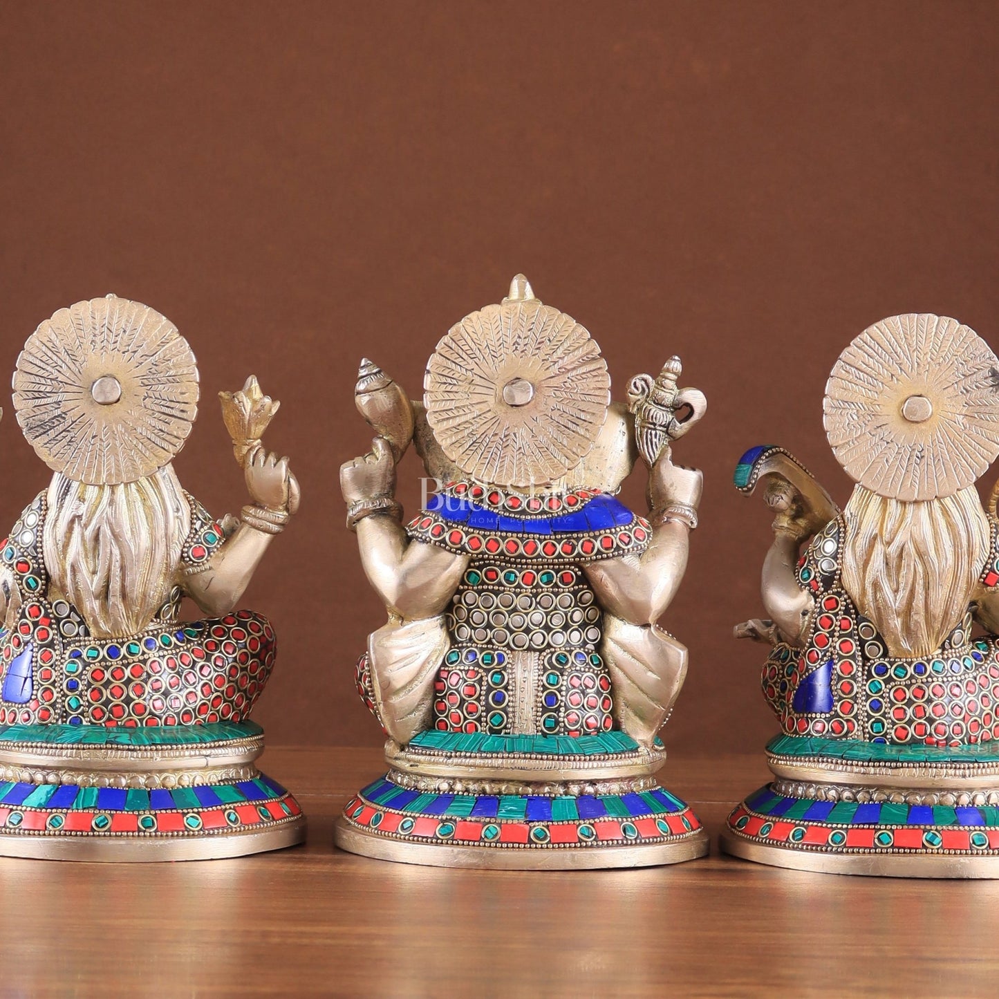 Exquisite Brass Ganesha, Lakshmi, Saraswati Idol Set with Stonework 8" - Budhshiv.com