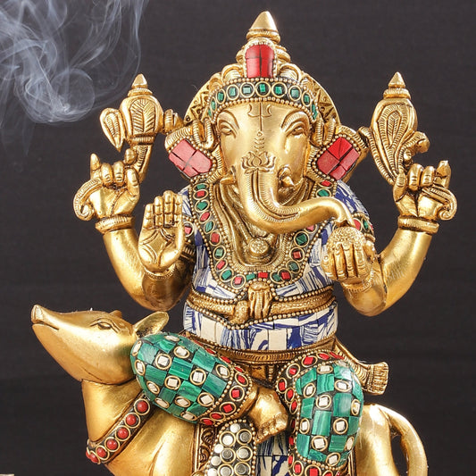 Exquisite Brass Ganesha on Mouse Idol with Meenakari | 10" - Budhshiv.com