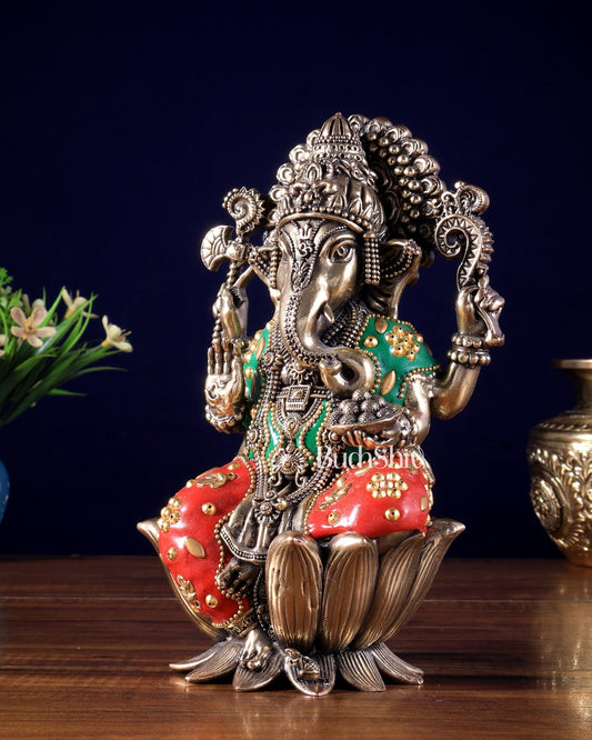 Exquisite Brass Idol of Lord Ganesha | 8 Inch meenakari - Budhshiv.com