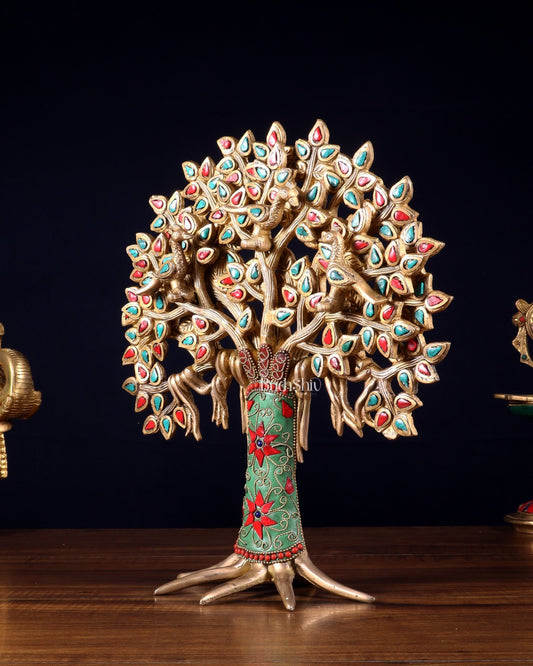 Exquisite Brass Kalpavriksha Tree of Life Showpiece - Table Standing | Height 12" with stonework - Budhshiv.com