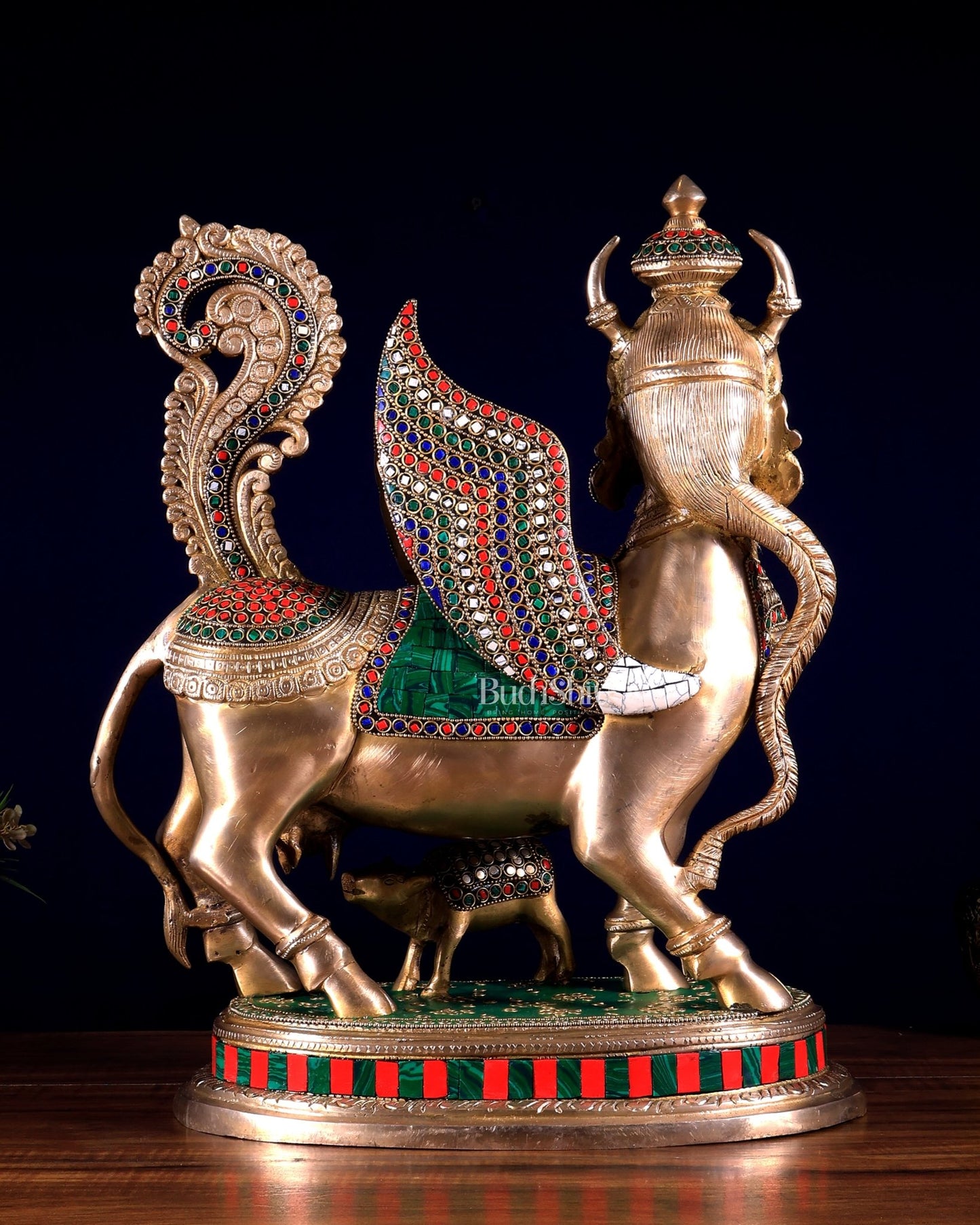 Exquisite Brass Kamdhenu Cow with calf Statue | 16.5" meenakari Stonework - Budhshiv.com