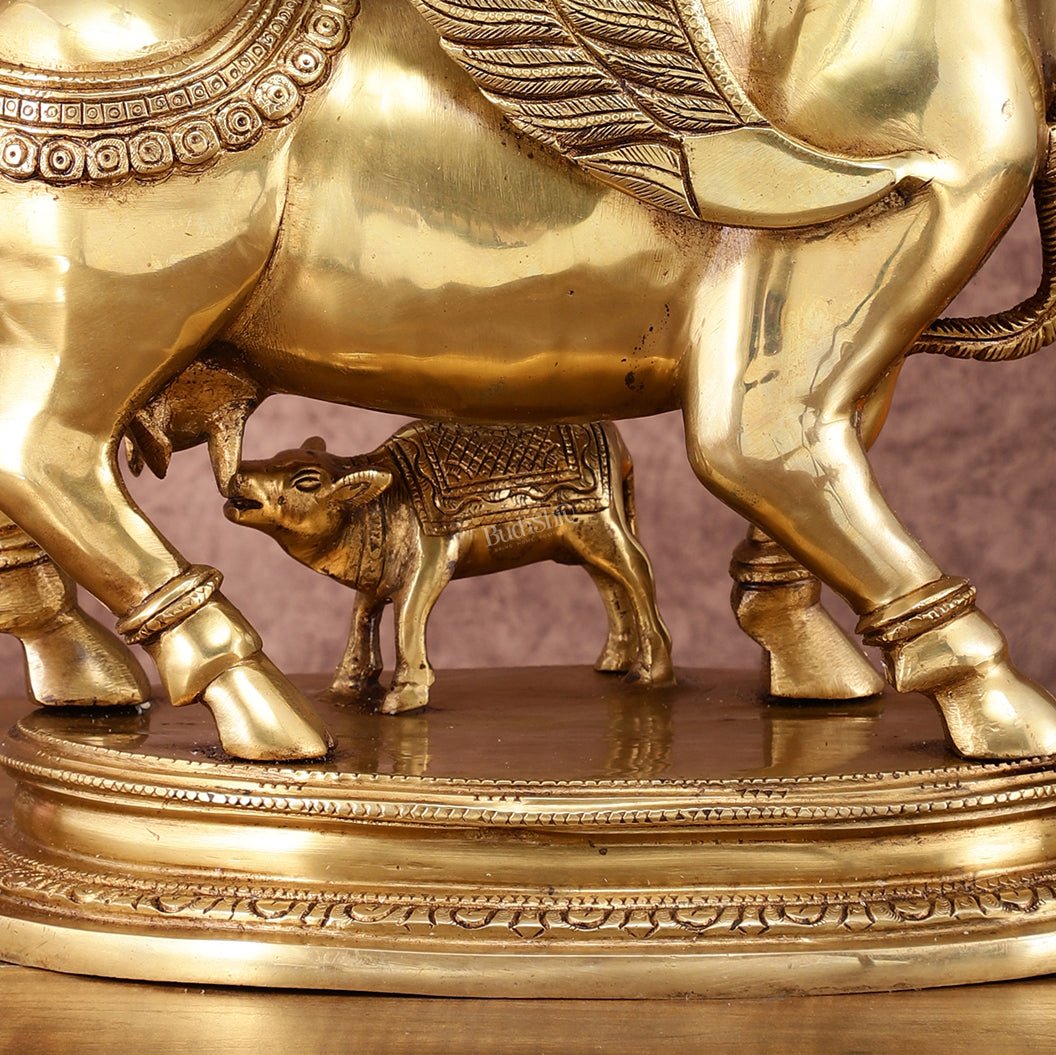Exquisite Brass Kamdhenu Cow with calf Statue | 16.5" - Budhshiv.com