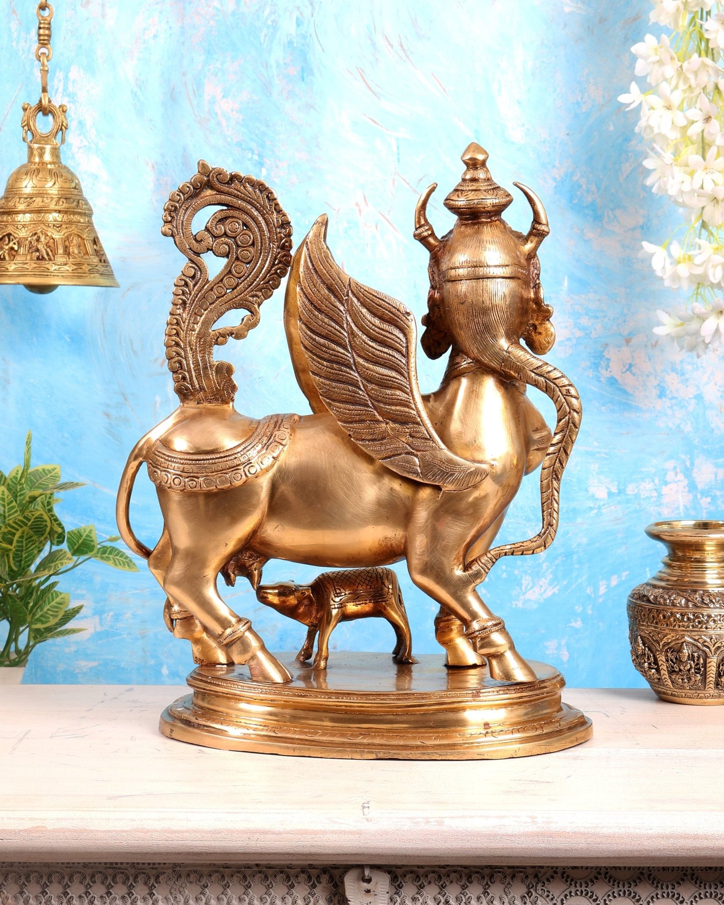 Exquisite Brass Kamdhenu Cow with calf Statue | 16.5" - Budhshiv.com