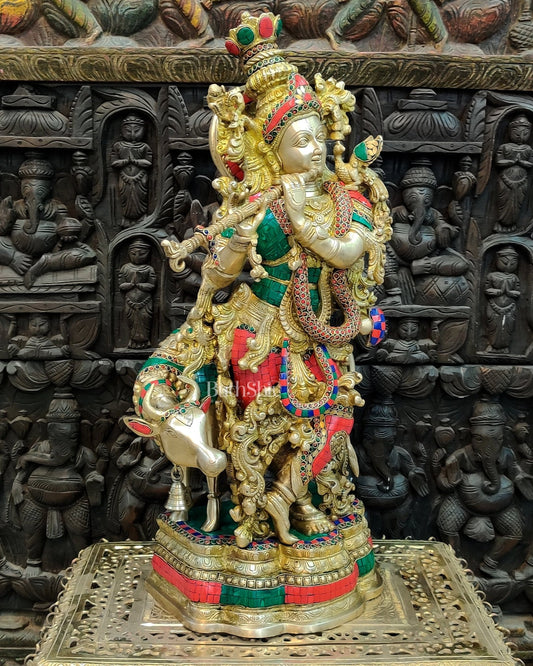 Exquisite Brass Krishna with Cow Idol - 26.5" - Budhshiv.com