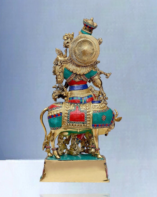 Exquisite Brass Krishna with Cow Idol - Meenakari Ring and Stonework, 26.5" Tall, 26kg - Budhshiv.com