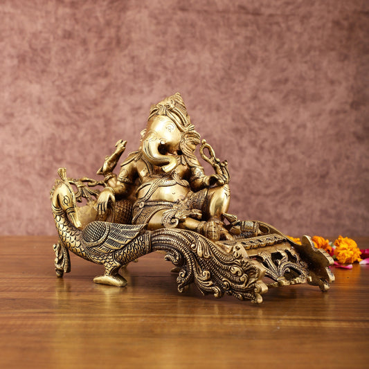 Exquisite Brass Lord Ganapathi Statue on Peacock Throne | 7.5 - inch - Budhshiv.com