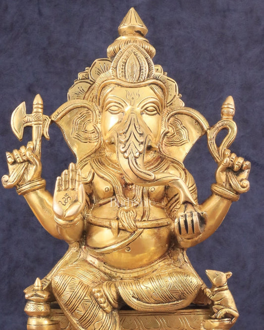 Exquisite Brass Lord Ganesha Seated on Throne Statue - 12" Tall - Budhshiv.com
