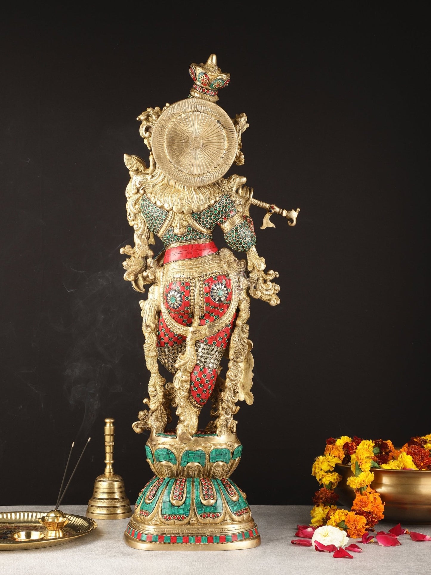Exquisite Brass Lord Krishna Murti with Meenakari | 29" - Budhshiv.com