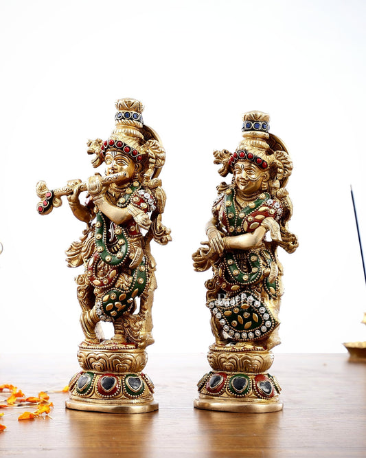 Exquisite Brass Radha Krishna Idol Pair with Stonework 9 inch - Budhshiv.com