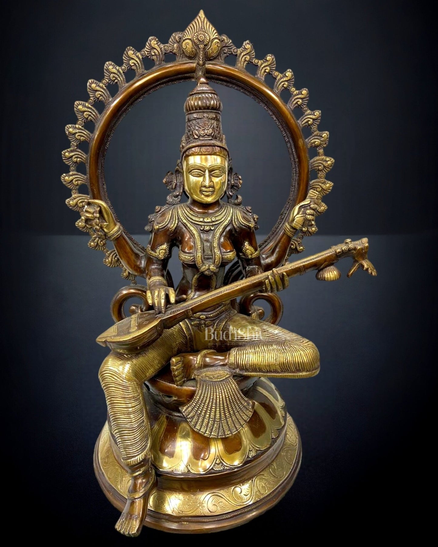 Exquisite Brass Saraswati Devi Statue with Arch 27 inch - Budhshiv.com