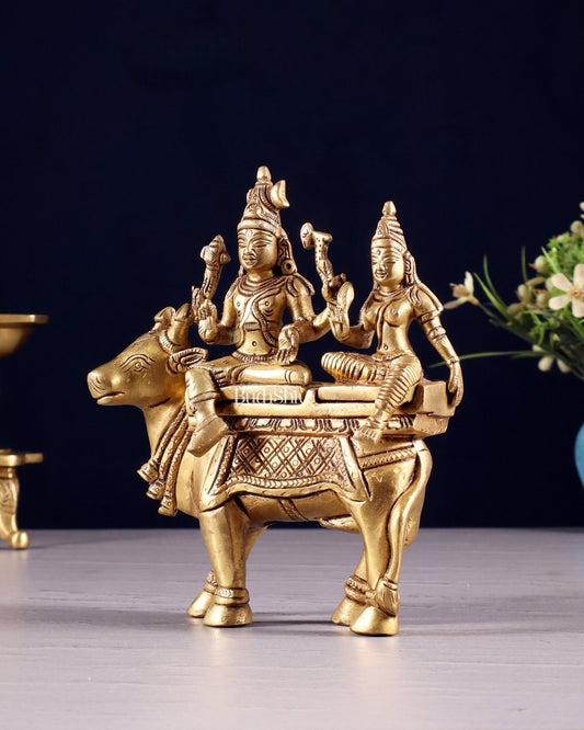 Exquisite Brass Shiva Parvati Seated on Nandi Statue - 6" Pradosh Idol - Budhshiv.com