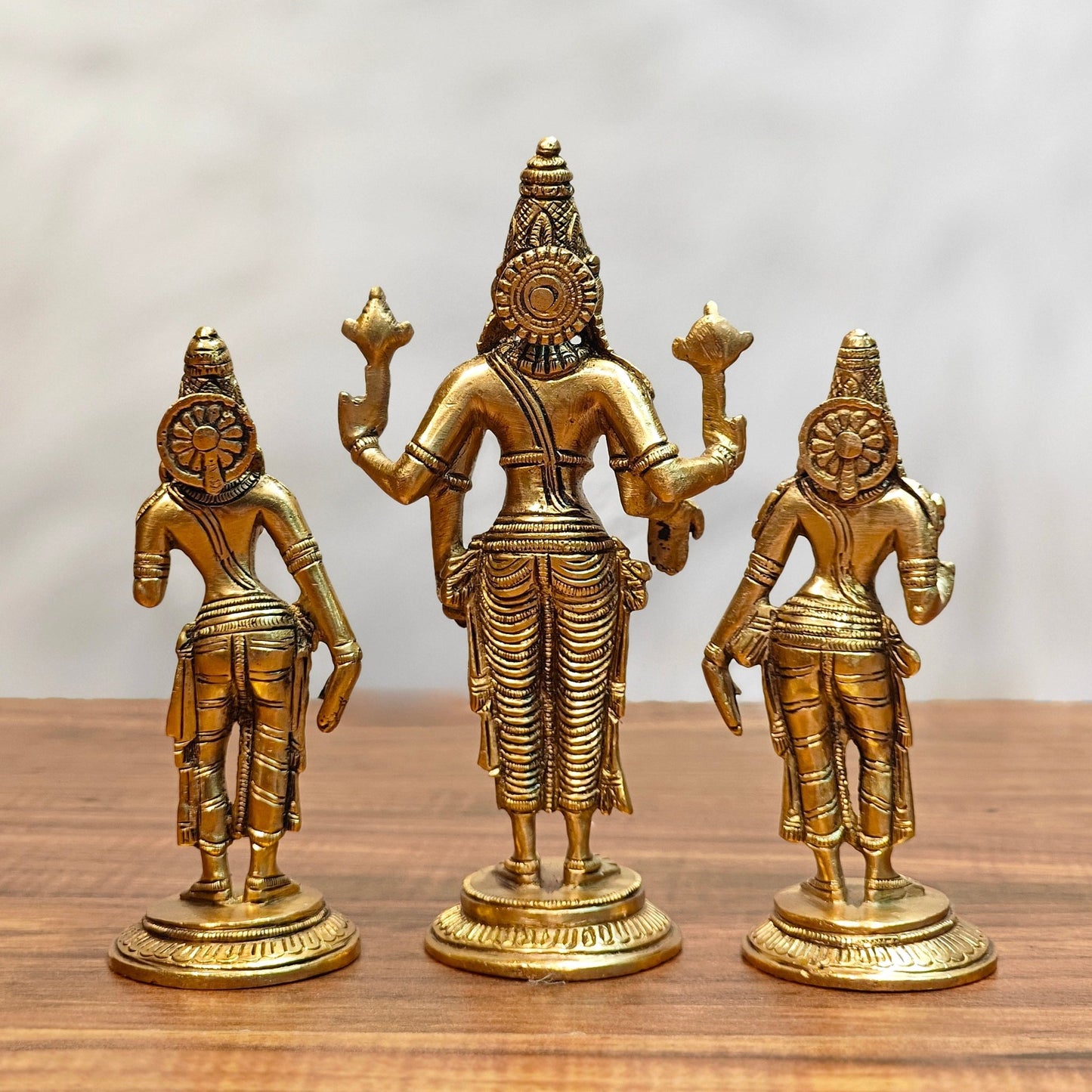 Exquisite Brass Tirupati Balaji with Bhudevi and Sridevi Idol Set - 7 inch - Budhshiv.com