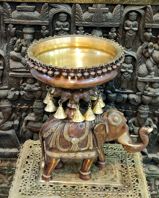 Exquisite Brass Urli with Engraved Elephant statue 21" - Budhshiv.com