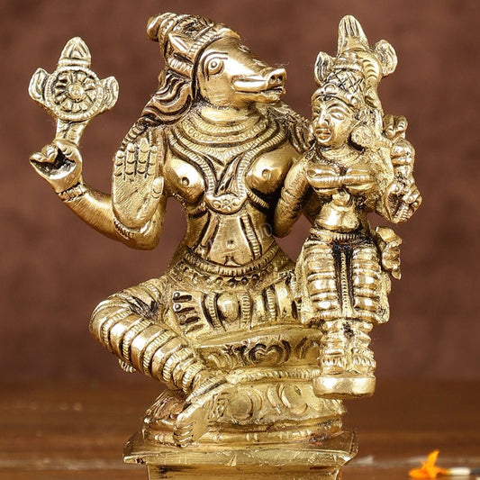 Exquisite Brass Varaha Lakshmi Idol | Height: 4 inch - Budhshiv.com