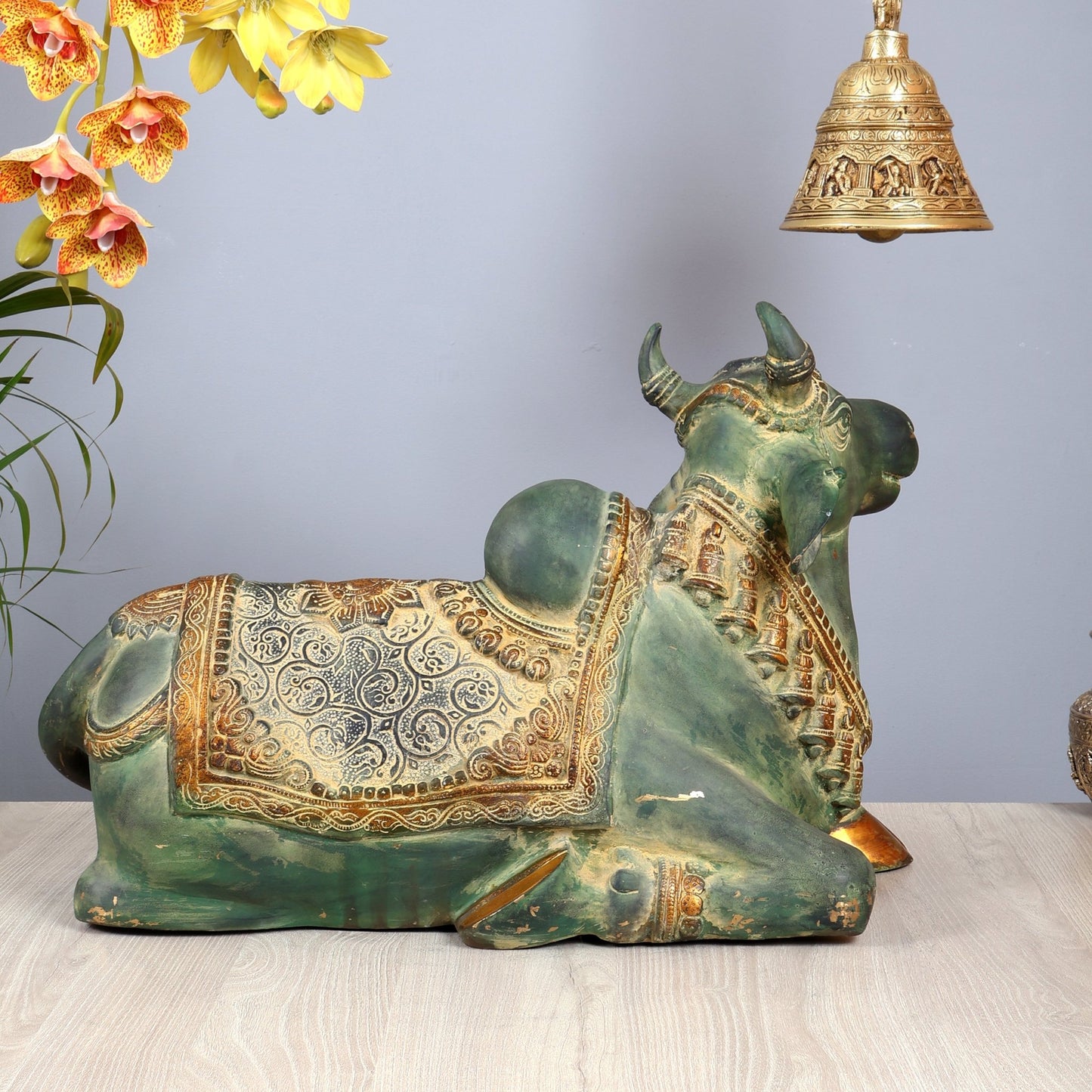 Exquisite Handcrafted Brass Nandi Idol – Vintage Green Patina 21" - Budhshiv.com