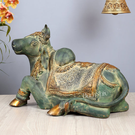 Exquisite Handcrafted Brass Nandi Idol – Vintage Green Patina 21" - Budhshiv.com