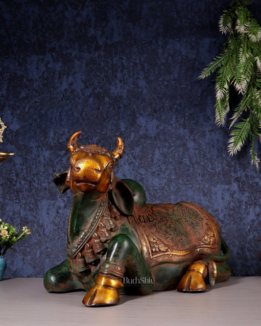 Exquisite Handcrafted Brass Nandi Idol – Vintage Green & Red Patina 21" - Budhshiv.com