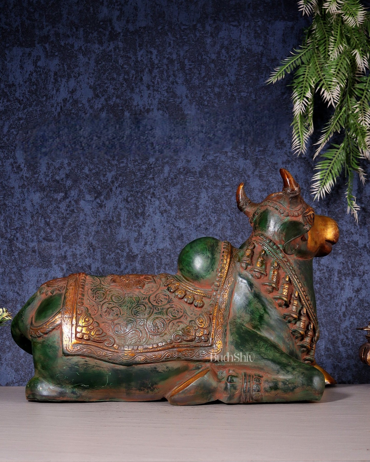 Exquisite Handcrafted Brass Nandi Idol – Vintage Green & Red Patina 21" - Budhshiv.com