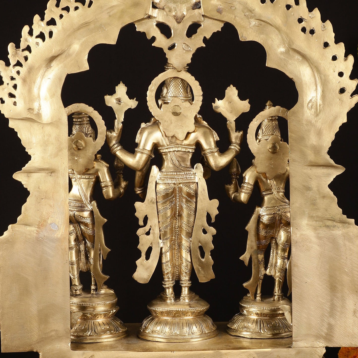 Exquisite Pure Bronze Tirupati Balaji with Bhudevi and Sridevi Sculpture - 24" Hoysala Art - Budhshiv.com