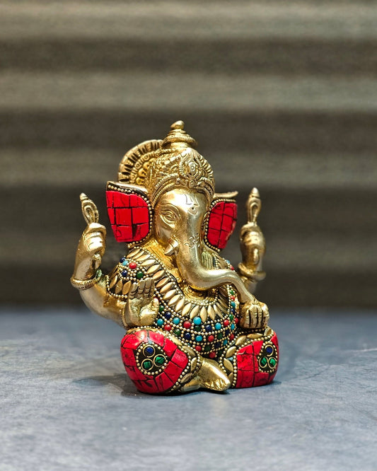 Ganapati brass idol with meenakari stonework 6" - Budhshiv.com