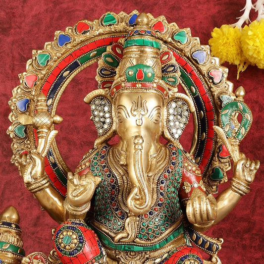 Ganapati sitting on large mouse brass statue 16" - Budhshiv.com