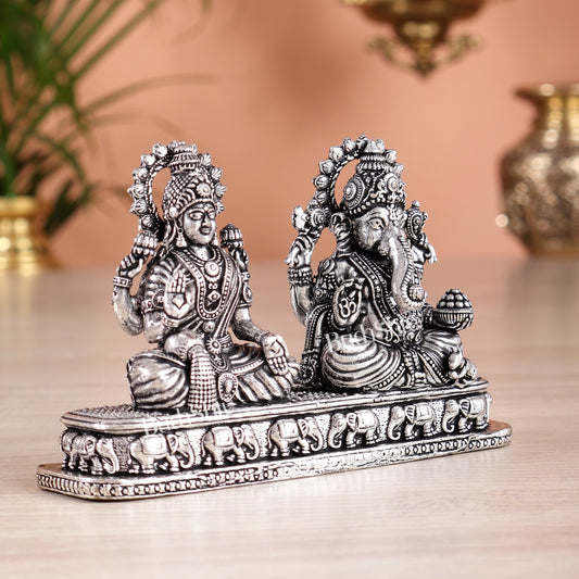 Ganesh Lakshmi Brass Idol on Same Base - silver plated 3" - Budhshiv.com