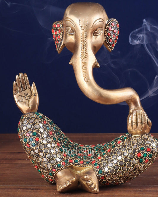 Ganesha Brass Idol Abstract with stonework 8.5 inch - Budhshiv.com