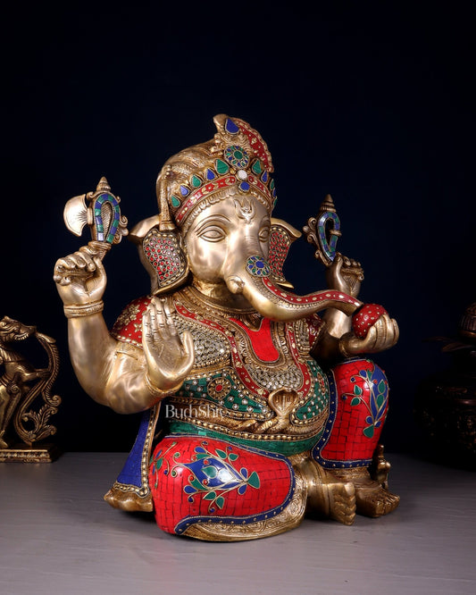 Ganesha Brass large statue 21 inch with stonework - Budhshiv.com