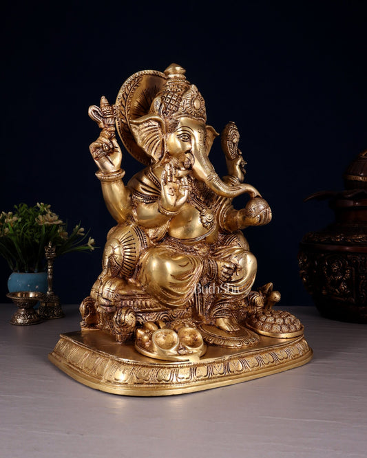 Ganesha Brass statue 13 inch enhanced carvings - Budhshiv.com